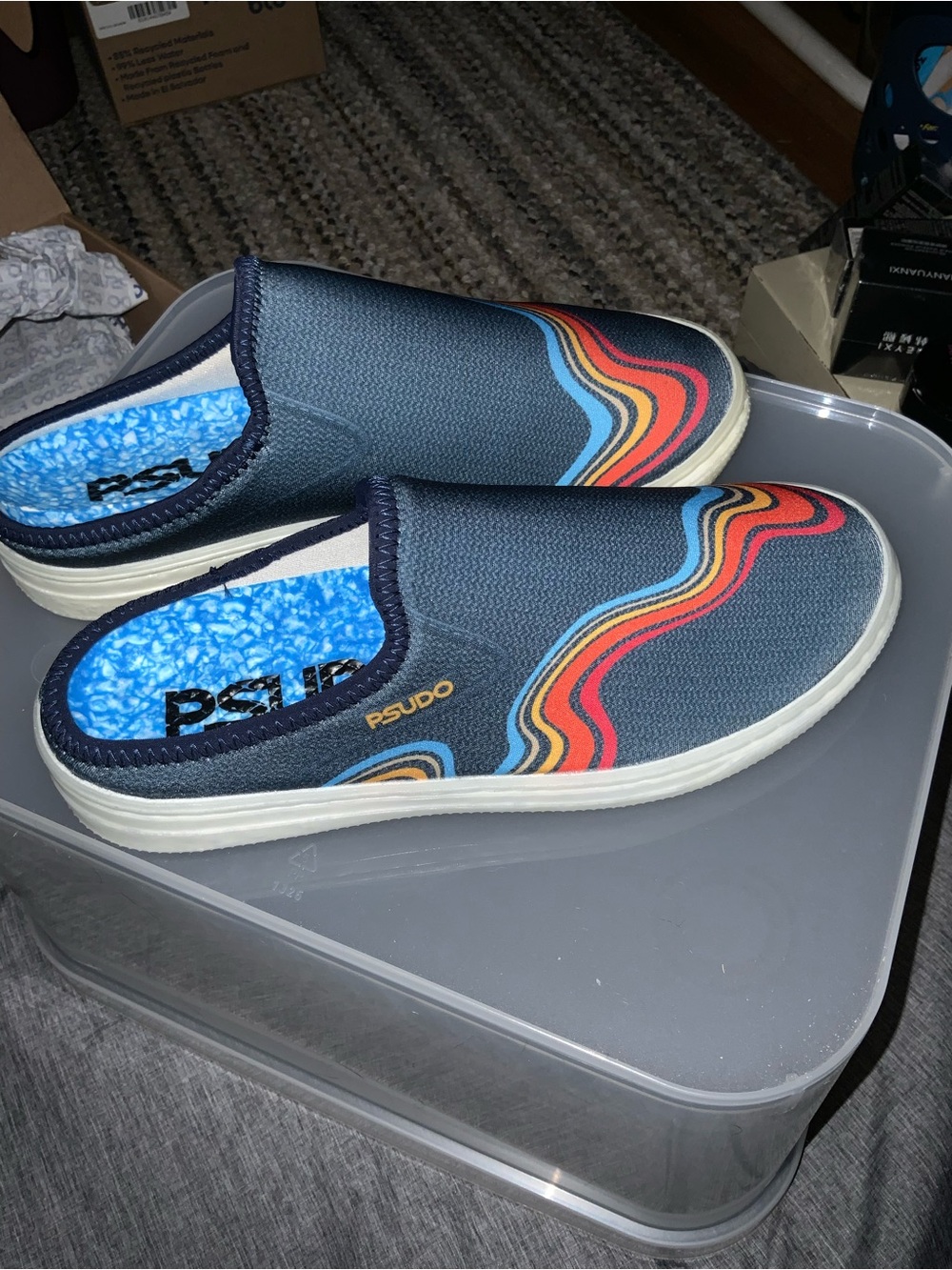 Women size 8 Psudo -Navy Slip-On Mules with Multicolor Wave Detail
